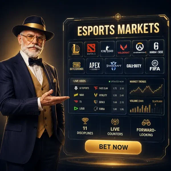 Analyste esports distingué faisant un geste vers un affichage holographique montrant des données de paris sur les marchés esports de saison
