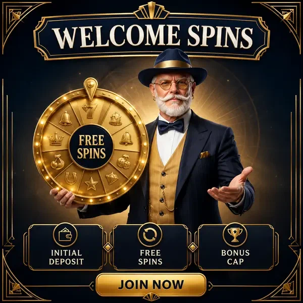 Gentleman distingué présentant une roue des prix dorée pour les tours gratuits au Welcome Spins Casino