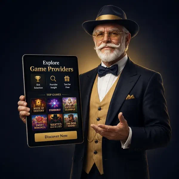 Gentleman distingué examinant les fournisseurs de jeux sur tablette au portail de bonus sans dépôt Billionaire Spin