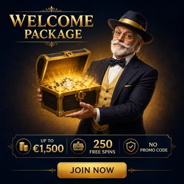 Gentleman distingué présentant un coffre au trésor lumineux dans le hall du bonus de bienvenue du Billionaire Spin Casino